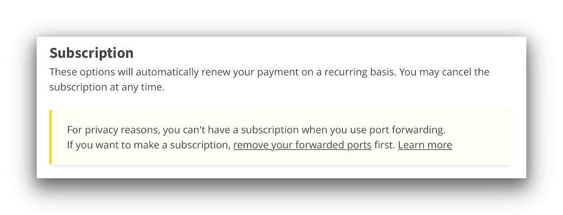 Mullvad's error message when trying to enable port forwarding on an active account