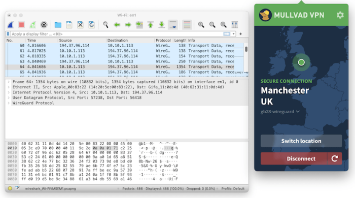 Testando a criptografia da Mullvad com o Wireshark