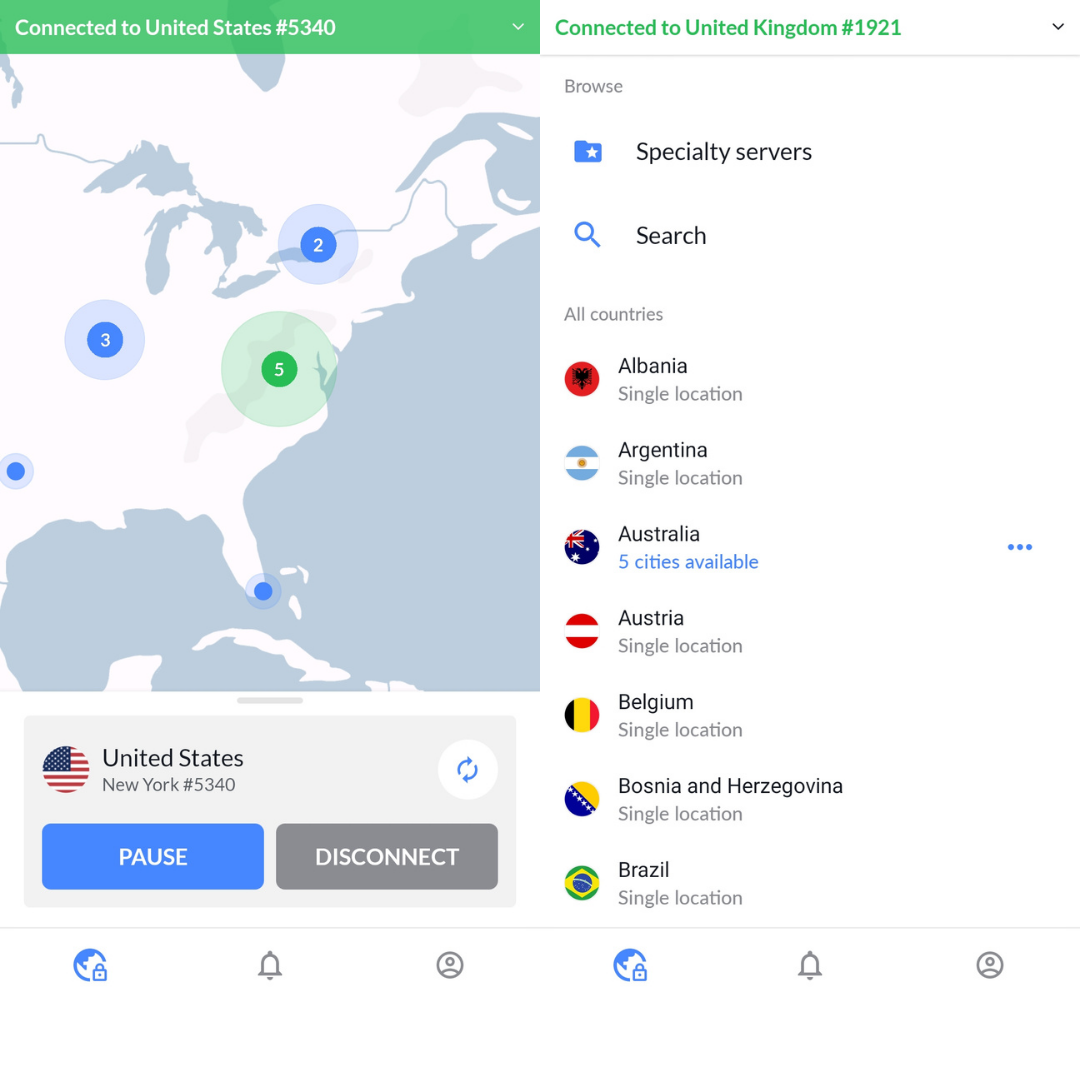 Schermafbeelding van de Android-app van NordVPN met de startpagina en een lijst met servers.