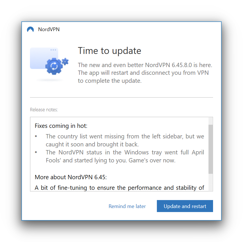 NordVPN Windows client requesting a software update
