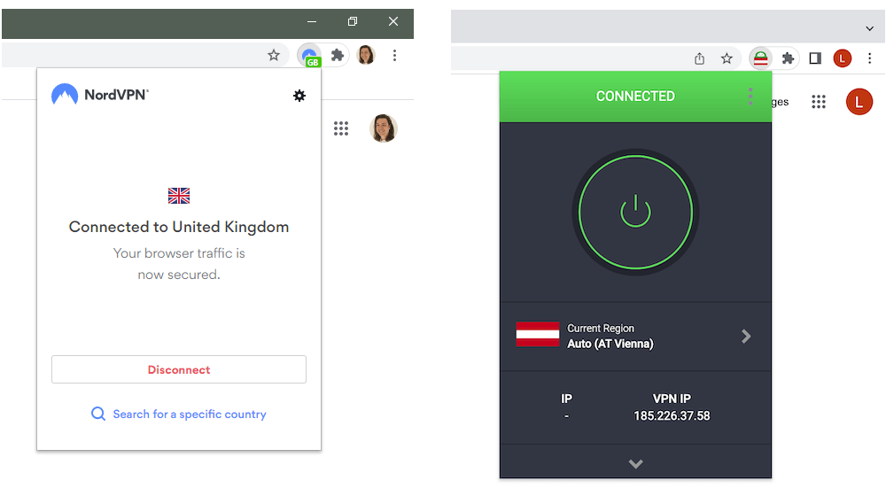 Side-by-side image comparing NordVPN and PIA's Google Chrome extensions