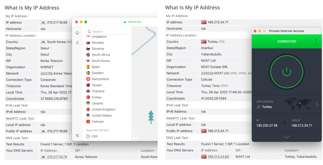 NordVPN and PIA leak test results