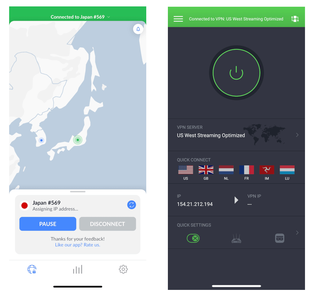 Side-by-side image of NordVPN and PIA's apps on iOS