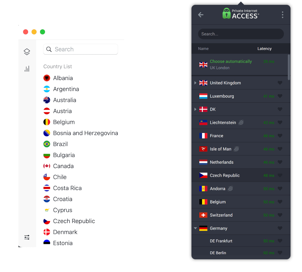 Side-by-side comparing PIA's server list to NordVPN's