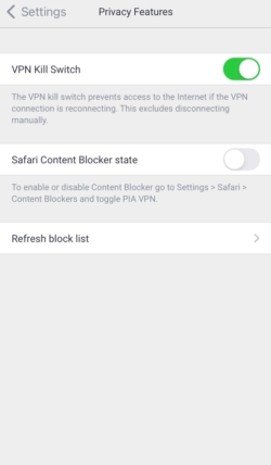 The kill switch settings for Private Internet Access' iOS app