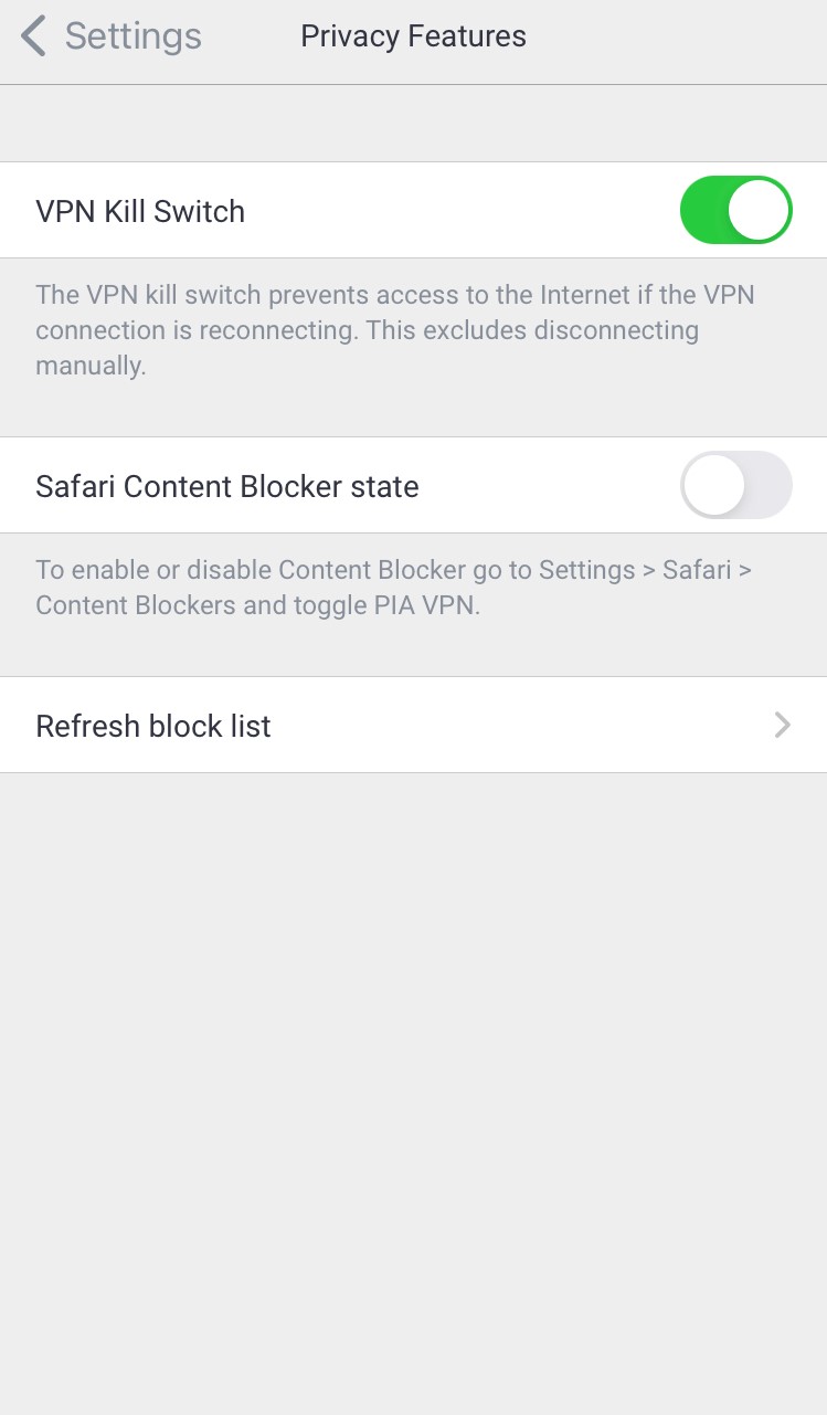Les paramètres du kill switch pour l'appli iOS de Private Internet Access.