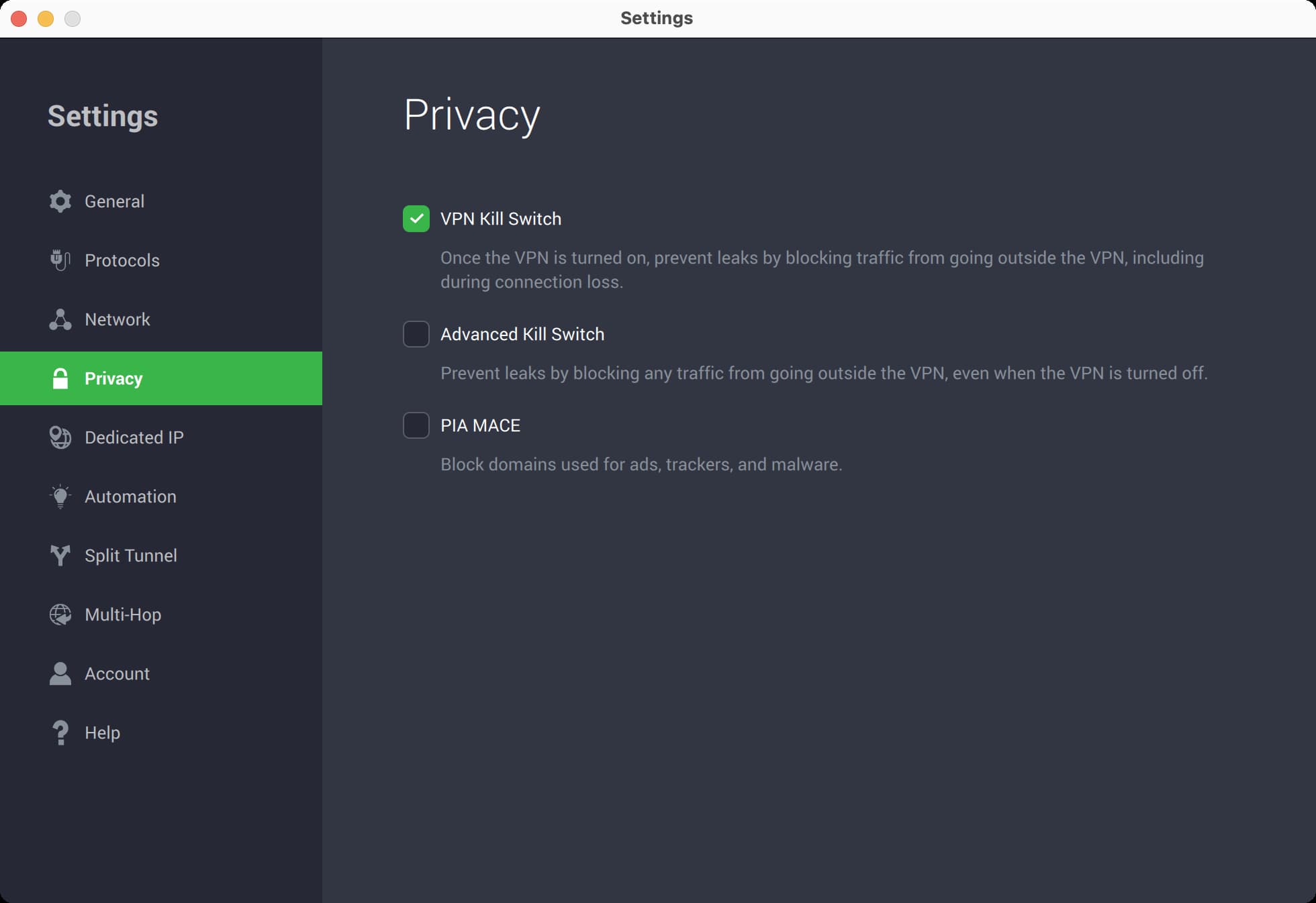 Los ajustes del Kill Switch para el cliente de macOS de Private Internet Access