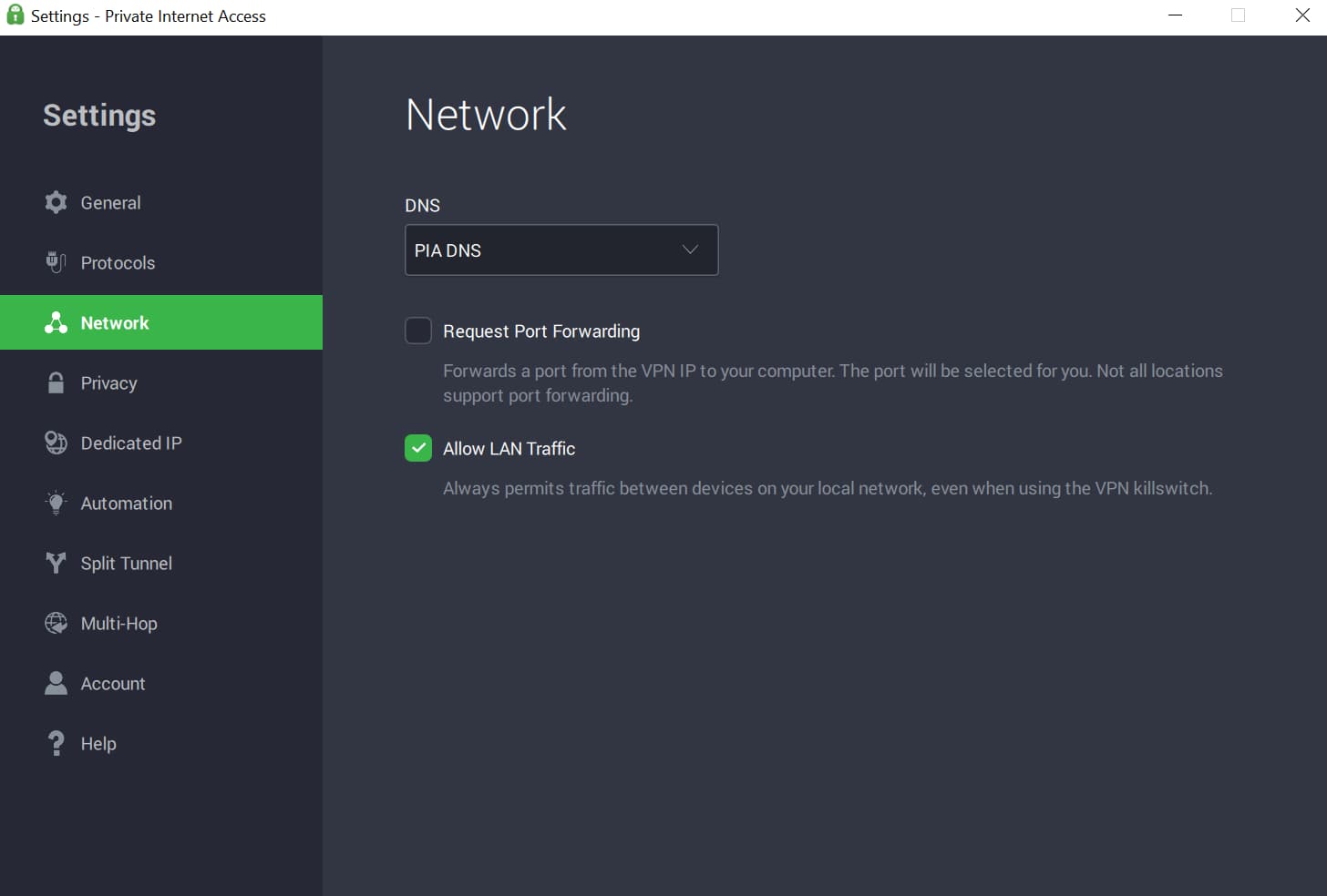 PIA's port forwarding settings