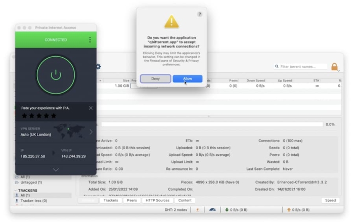 Verifica della velocità con cui PIA scarica un file Torrent