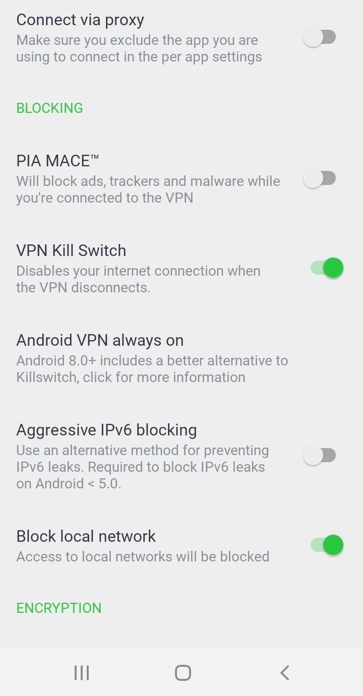Los ajustes del Kill Switch para la aplicación de Android de Private Internet Access