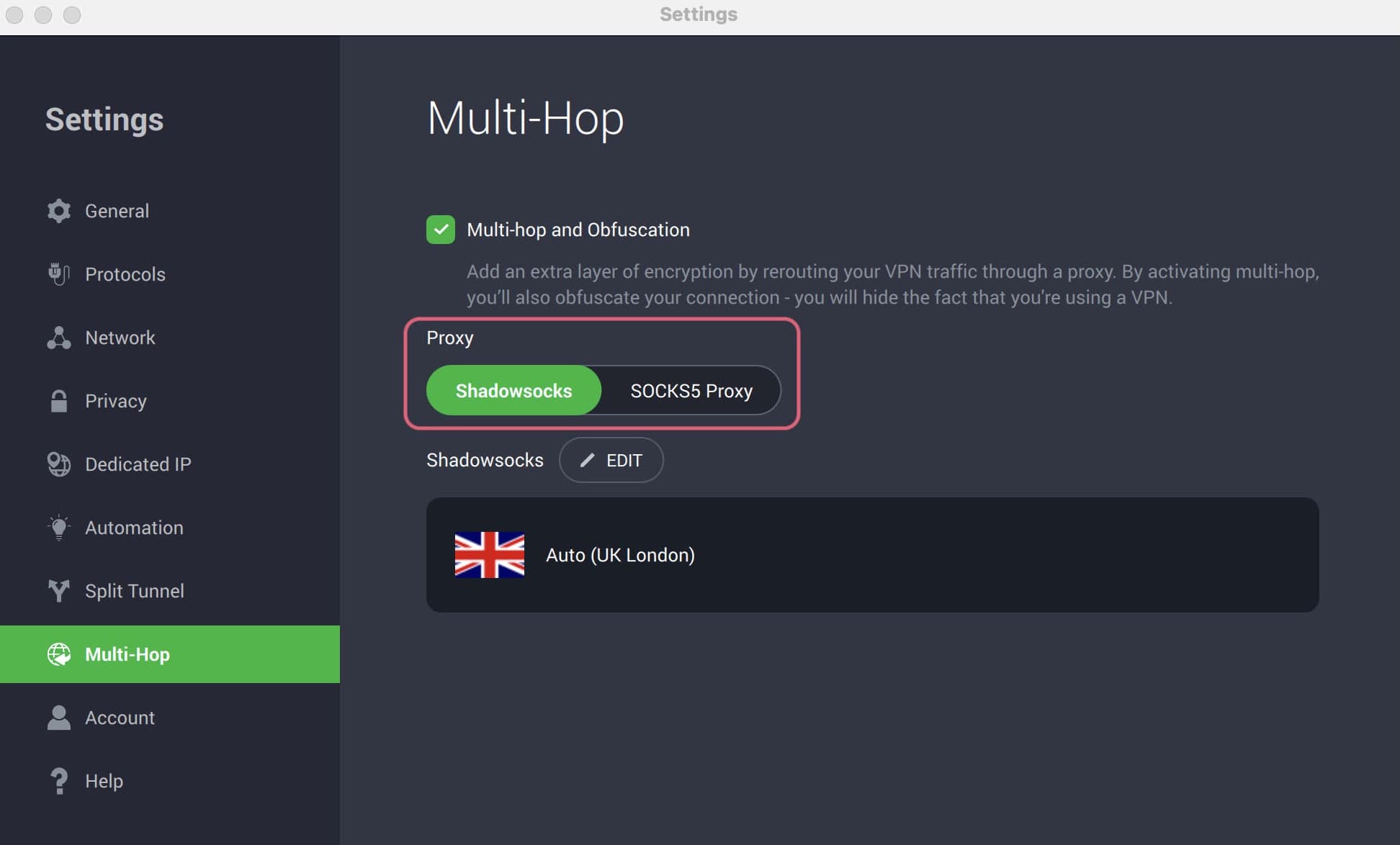 Screenshot of Private Internet Access's Settings > Multi-Hop > Proxy and Shadowsocks option.