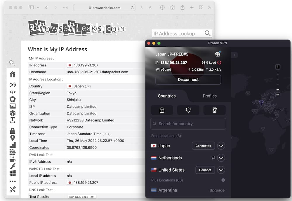 Zrzut ekranu z wynikami testu wycieków przy użyciu bezpłatnej wersji Proton VPN