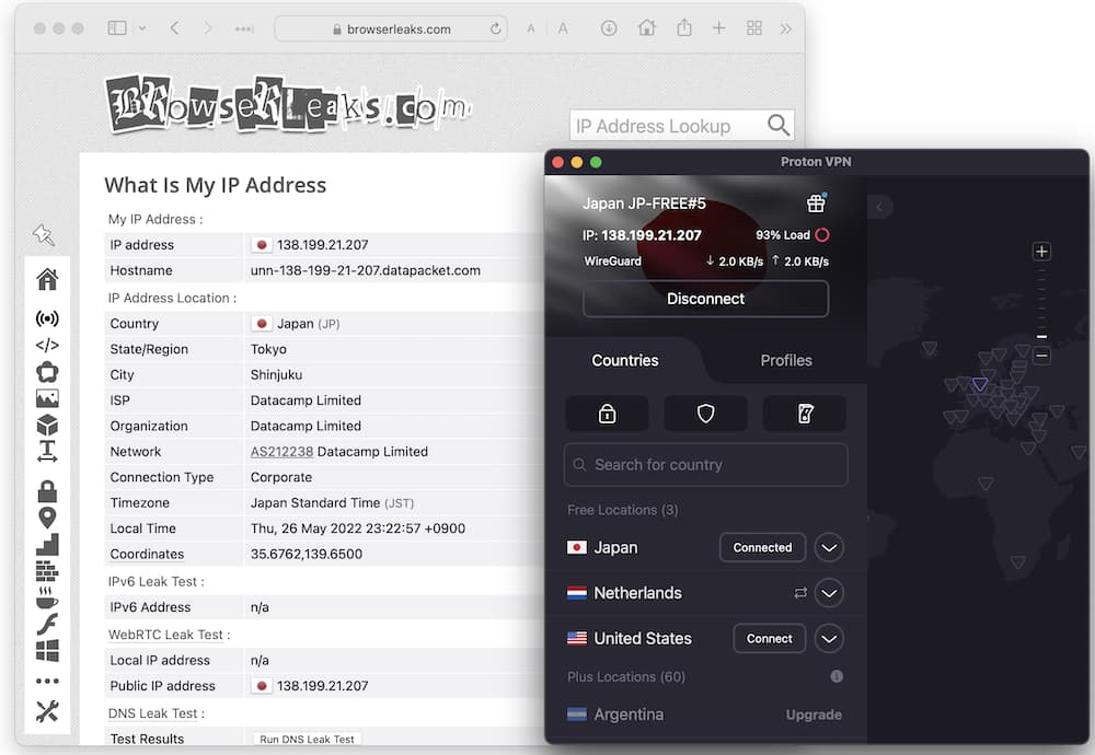 Schermata dei risultati dei test di leak di Proton VPN Free