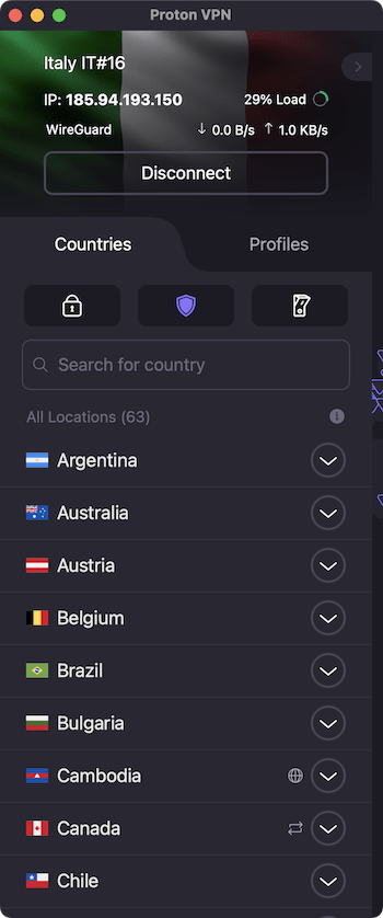 Lista krajów w aplikacji Proton VPN.