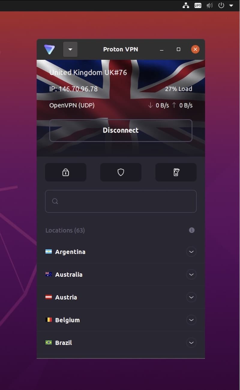 Schermata iniziale dell'app Proton VPN su Linux