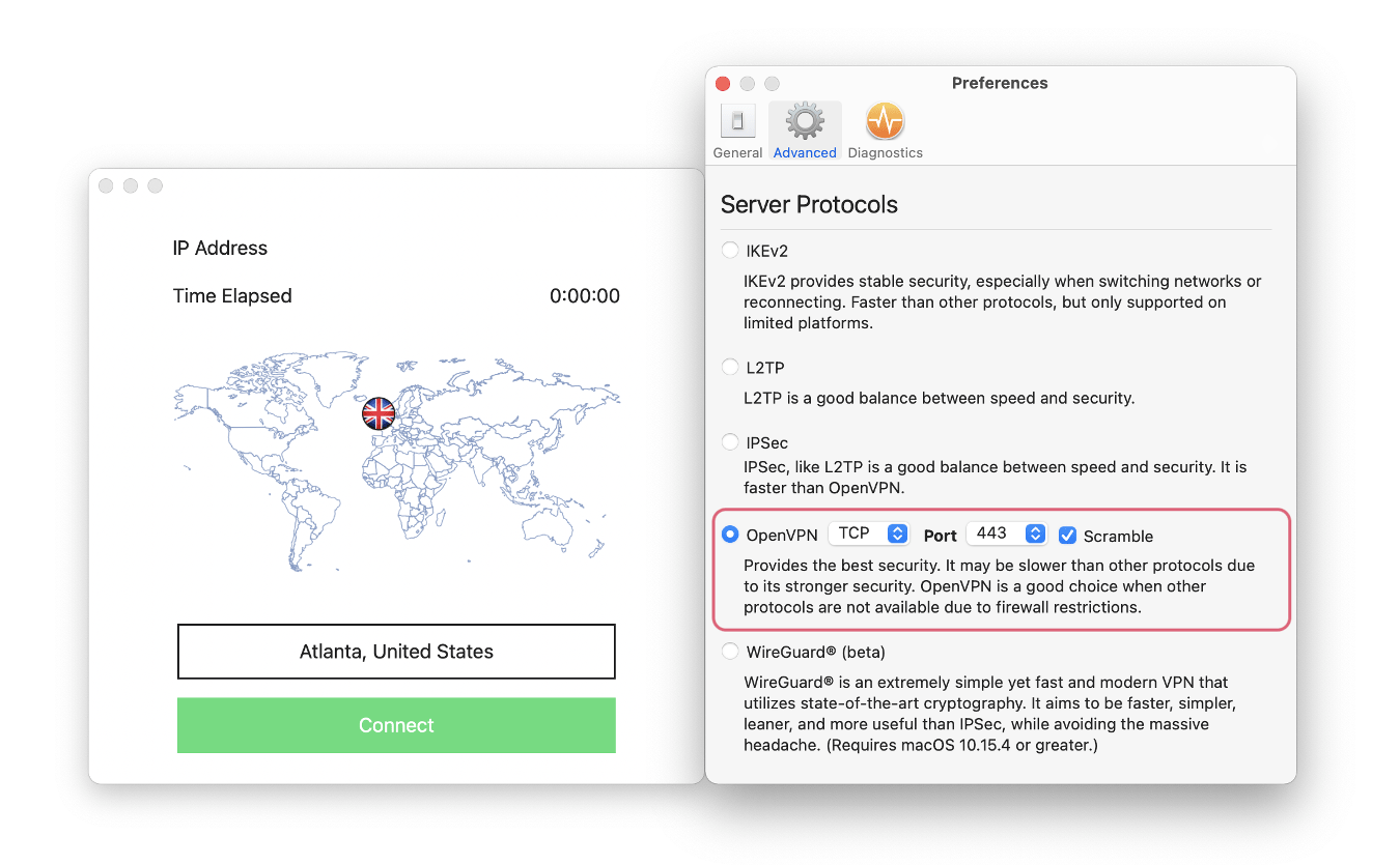 Screenshot of StrongVPN's macOS client. Preferences is open and shows a Scramble tick box next to OpenVPN.