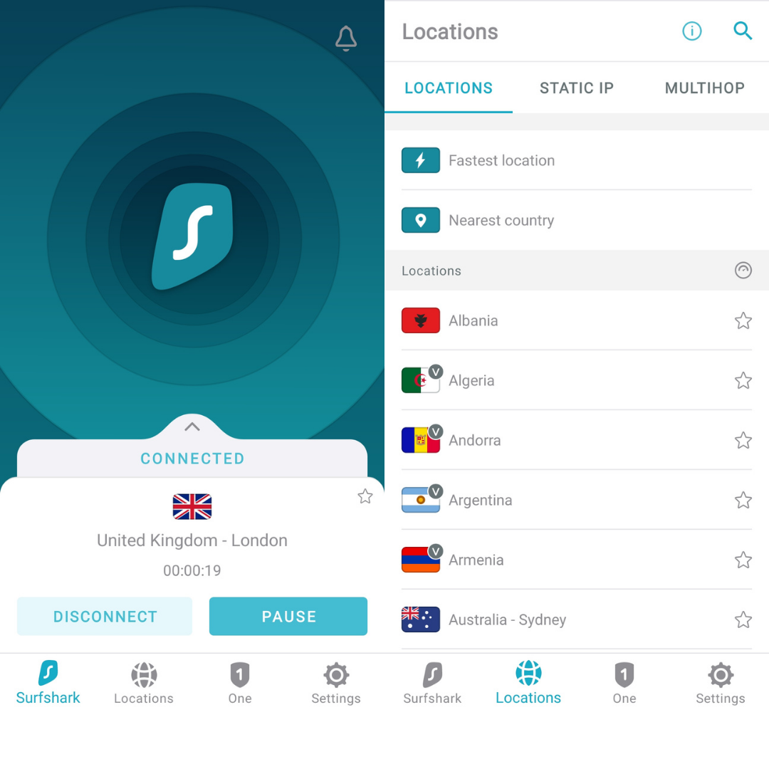 Screenshot van de Android app van Surfshark, met de homepage en serverlijst.