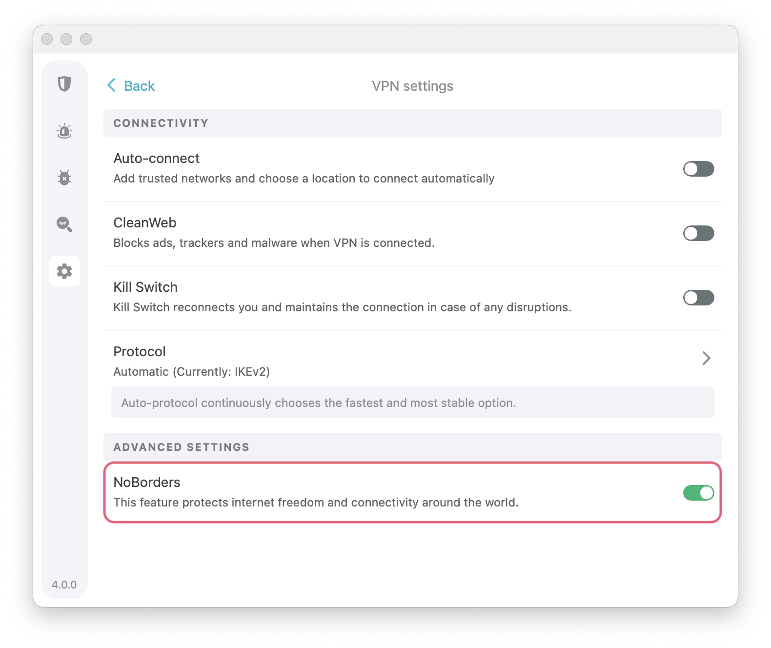 Screenshot of Surfhsark's Connectivity Settings, which shows its NoBorders obfuscation mode.