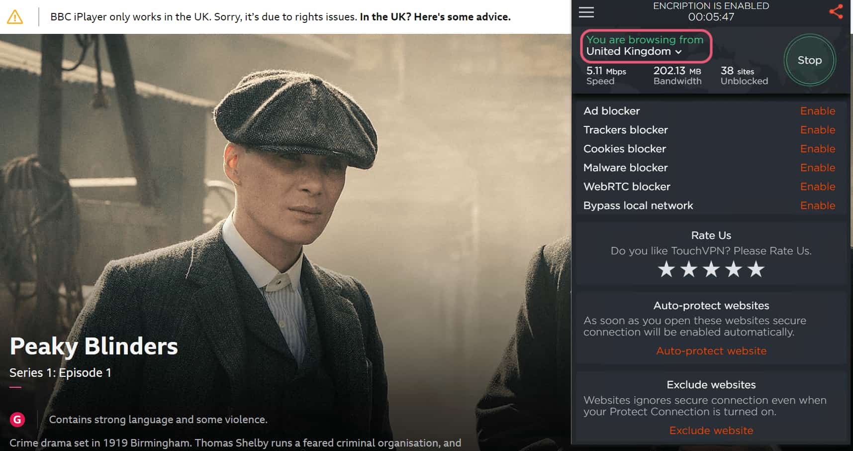Screenshot of Touch VPN's Chrome extension failing to unblock BBC iPlayer