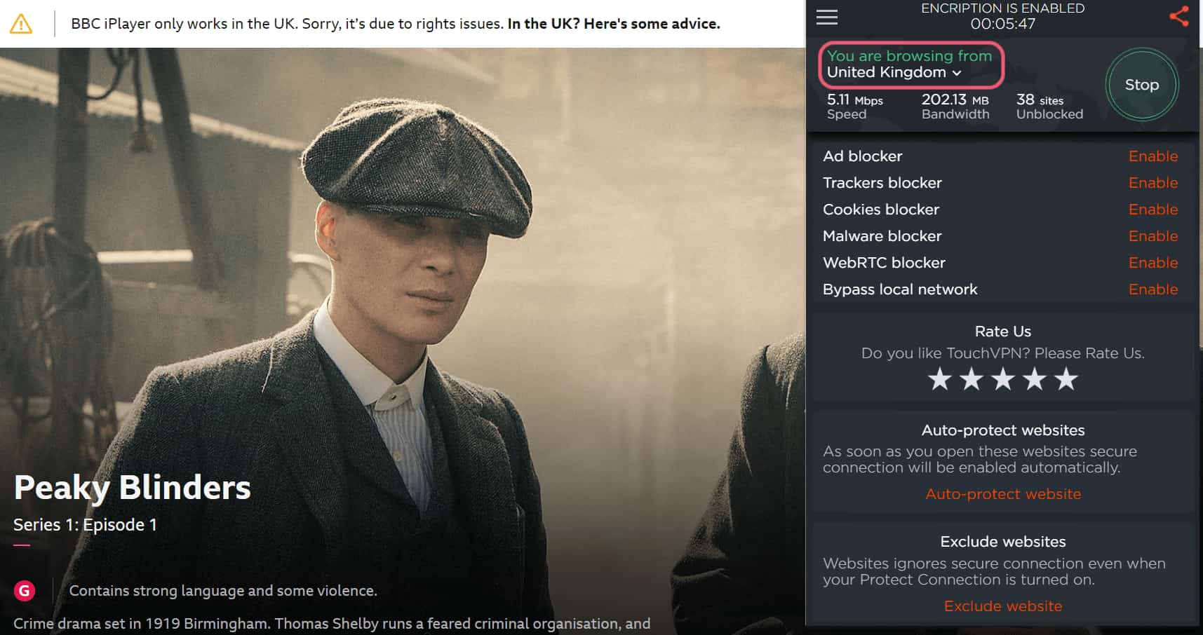 Screenshot of Touch VPN's Chrome extension failing to unblock BBC iPlayer