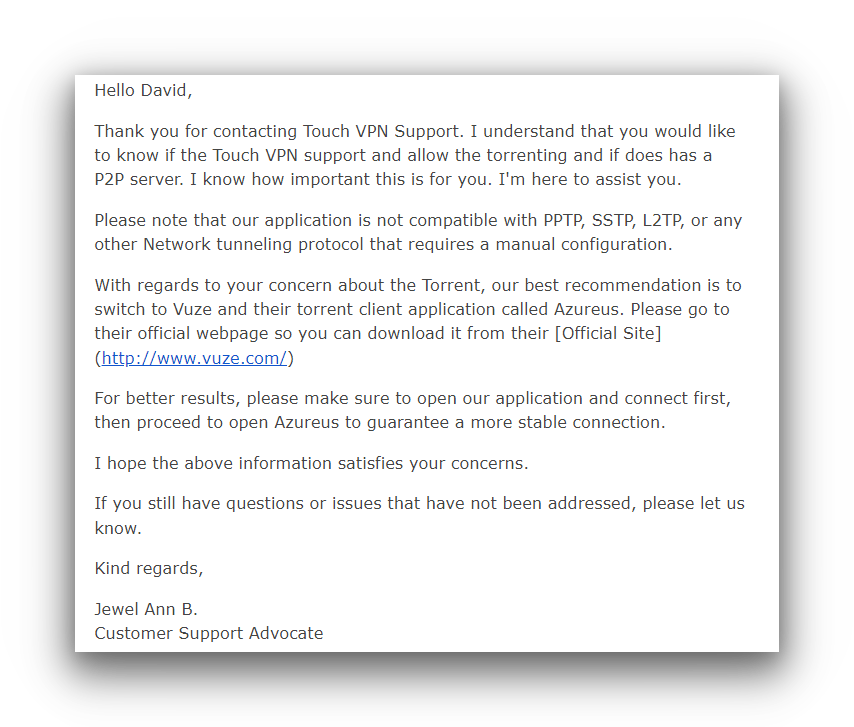 An email from Touch VPN's support team clarifying the VPN's torrenting policy