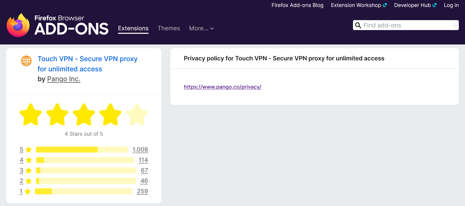 Screenshot of Touch VPN's Firefox privacy policy 