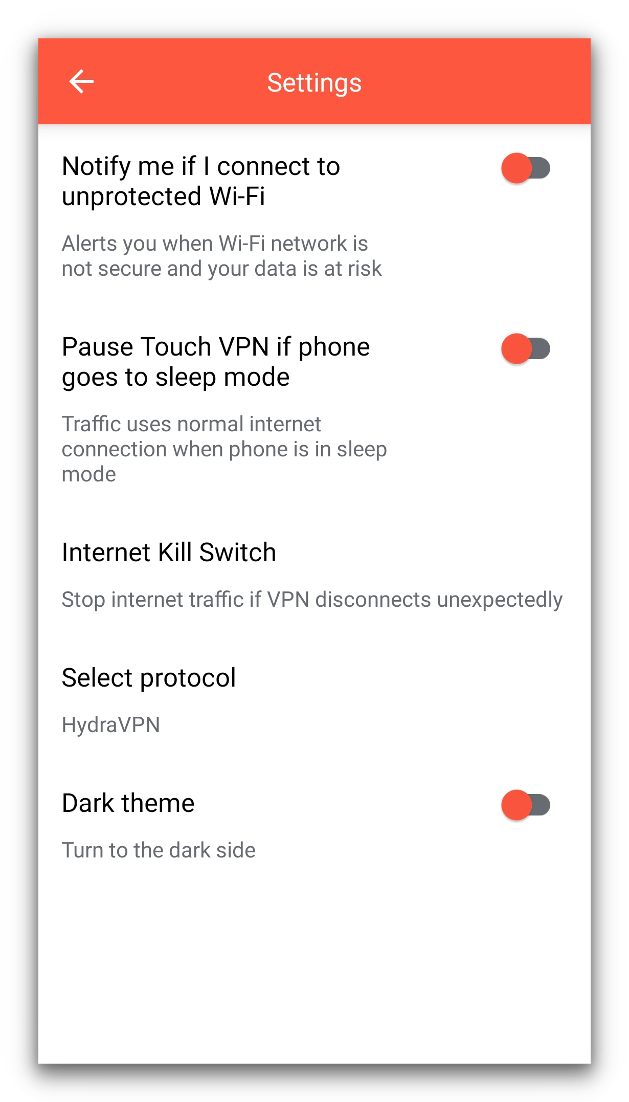 The settings on Touch VPN's Android app