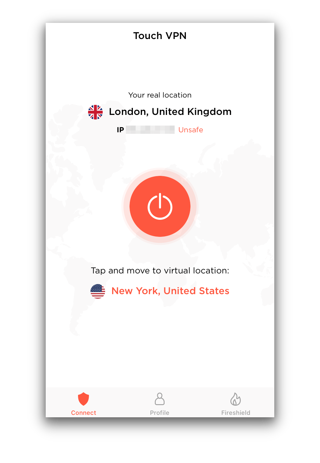 The main menu for Touch VPN's iOS app