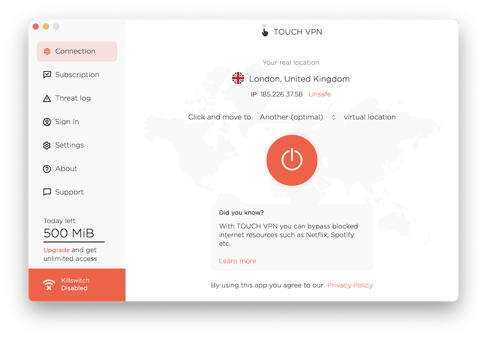 The main menu for Touch VPN's macOS client