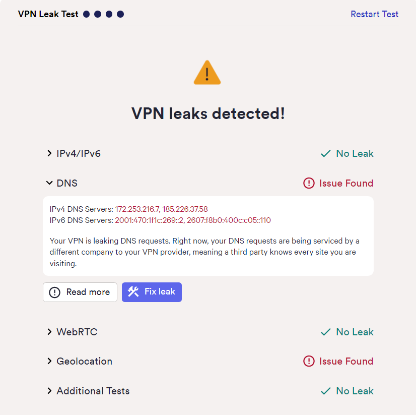 Touch VPN leaks DNS requests according to our leak test tool