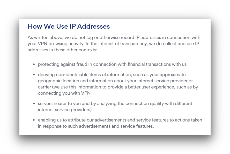 Touch VPN's policy on logging and using IP Addresses 