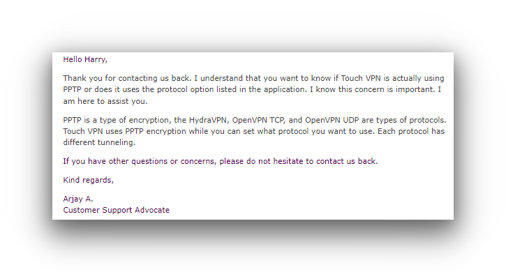 Touch VPN's email support providing context on the VPN protocols in use