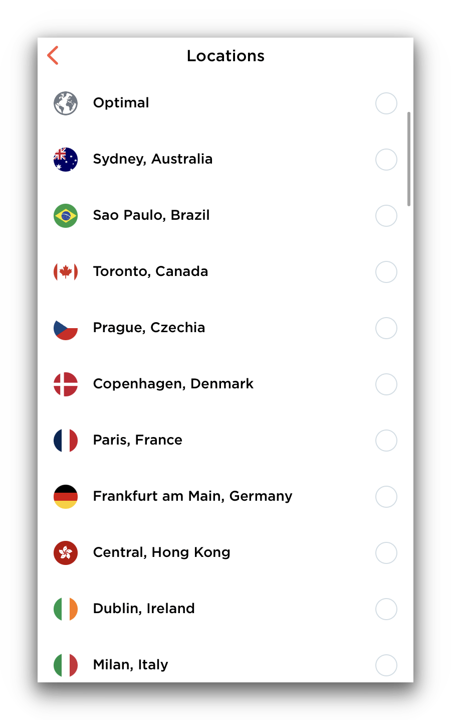 Touch VPN's server locations on iOS