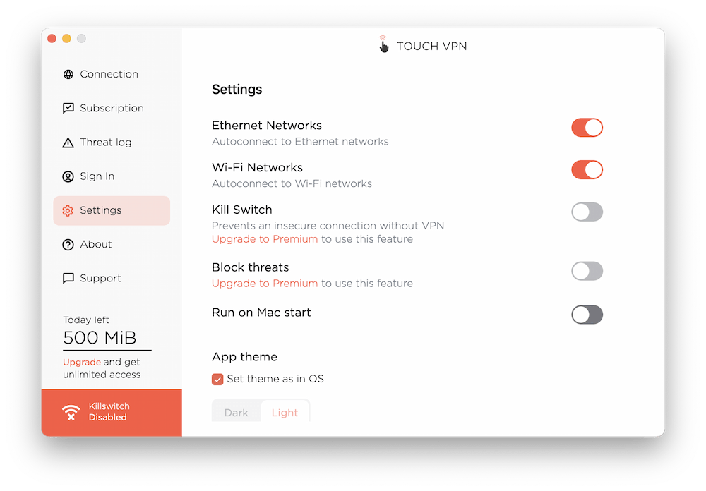 The settings on Touch VPN's macOS client