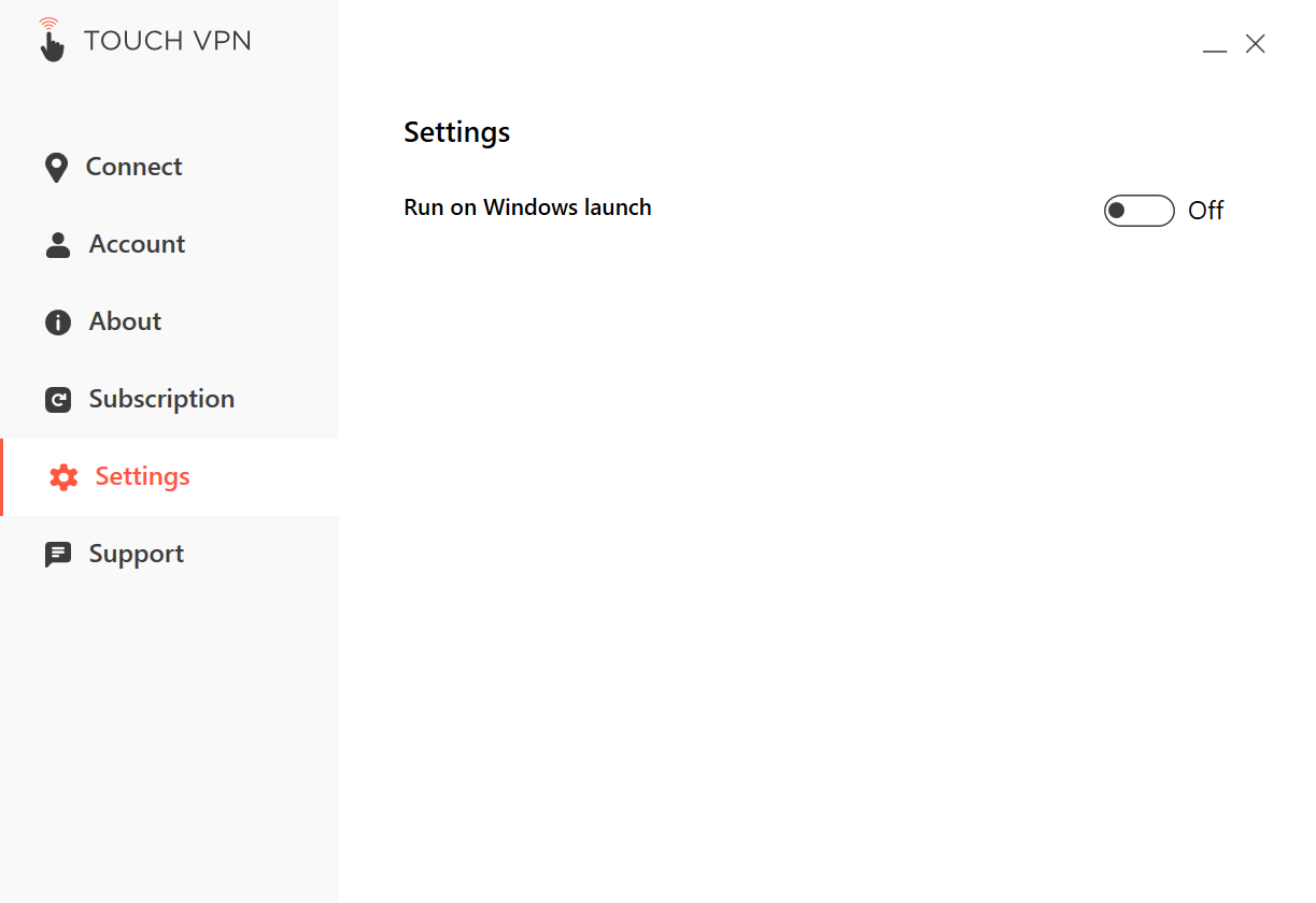 The settings on Touch VPN's Windows client