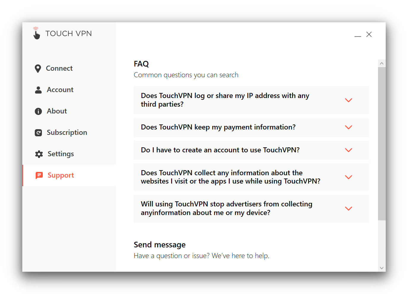 The support section on Touch VPN's Windows client