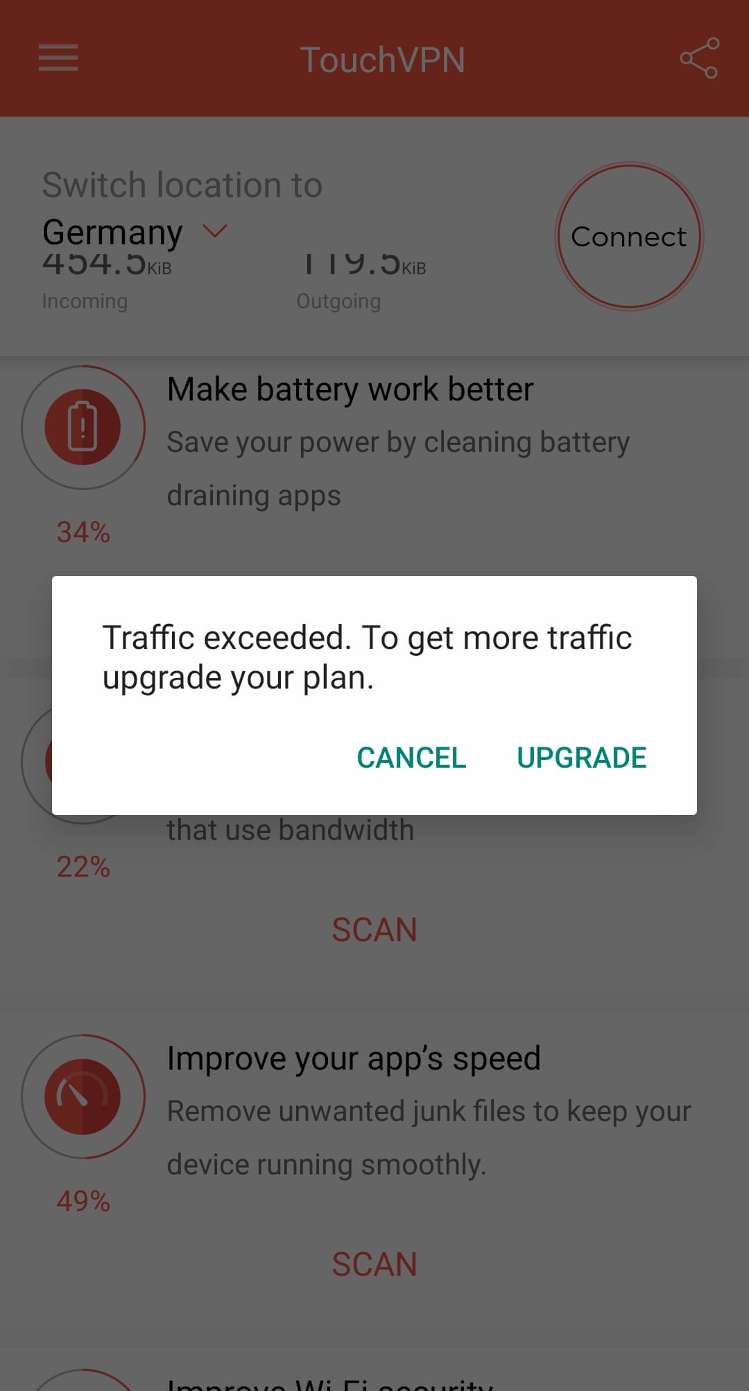 Data limit exceeded on Touch VPN's Android app