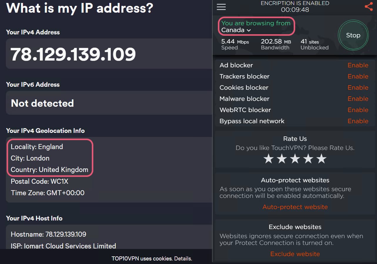 Screenshot of Touch VPN's Chrome extension assigning the wrong IP address