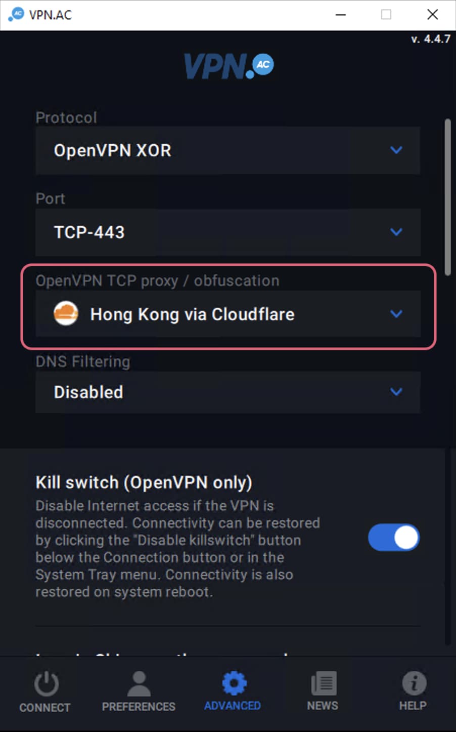 Screenshot of VPN.ac's Advanced Settings on Windows. The OpenVPN TCP proxy / obfuscation options is highlighted.