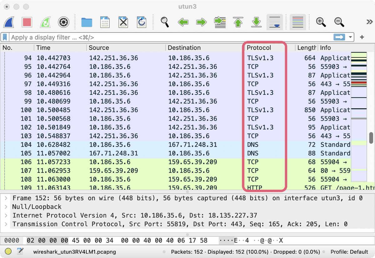 Screenshot of Wireshark app picking up on a TLSv1.3, TCP, DNS, and HTTP connection.