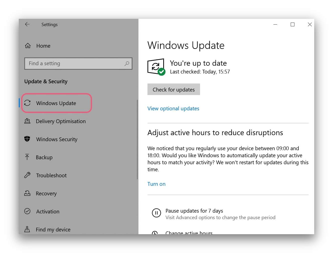 Configuración de actualización de Windows