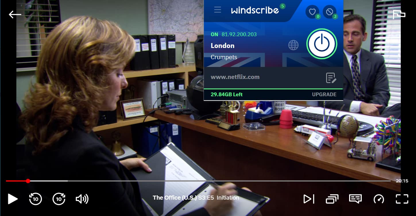 Screenshot of Windscribe's Chrome extension unblocking UK Netflix