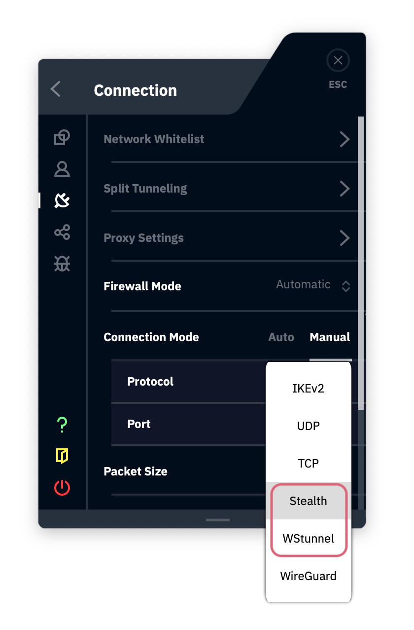Captura de pantalla de los ajustes de conexión de Windscribe enseñando el modo de conexión en manual y las opciones de protocolos, incluyendo Stealth y WStunnel. 