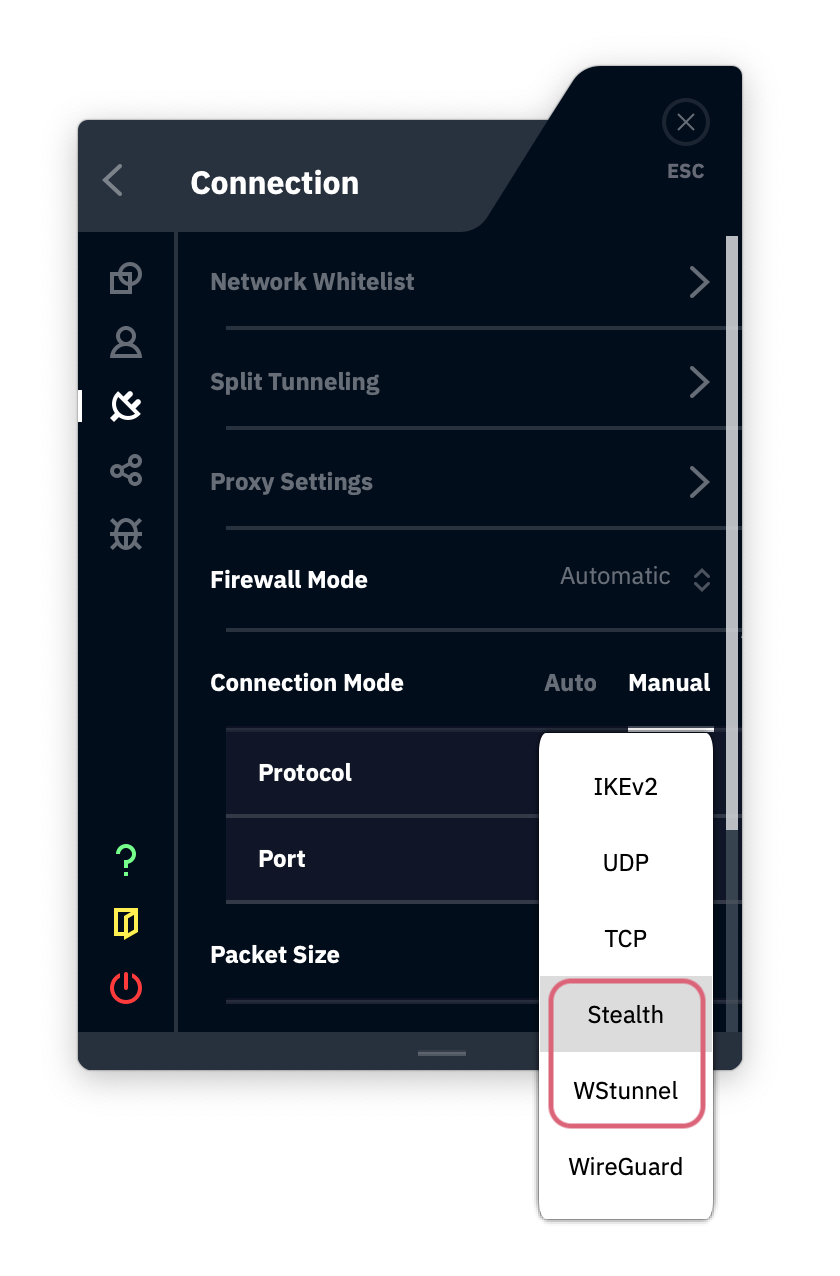 Captura de tela das configurações de conexão da Windscribe, com o Modo de conexão definido como Manual, e opções de protocolo, incluindo o Stealth e o WStunnel.