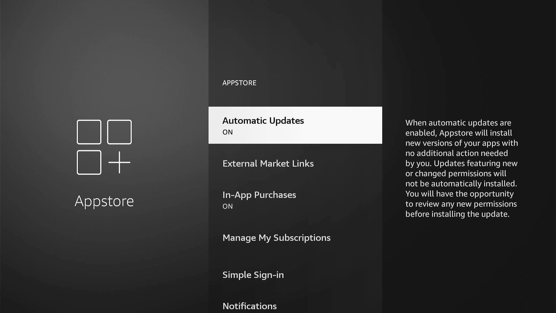 The automatic updates setting for apps on Amazon Fire TV