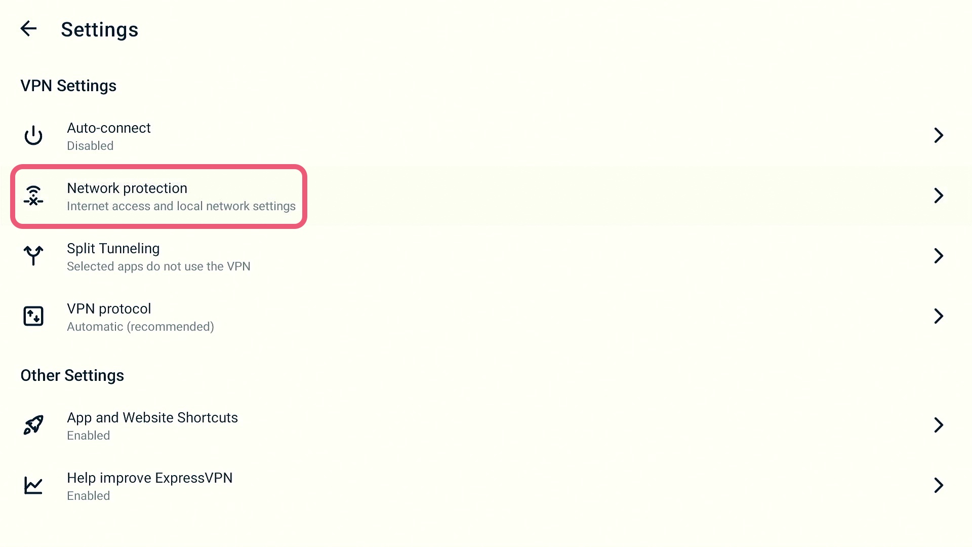 The Network Protection option within ExpressVPN for Fire TV's menu