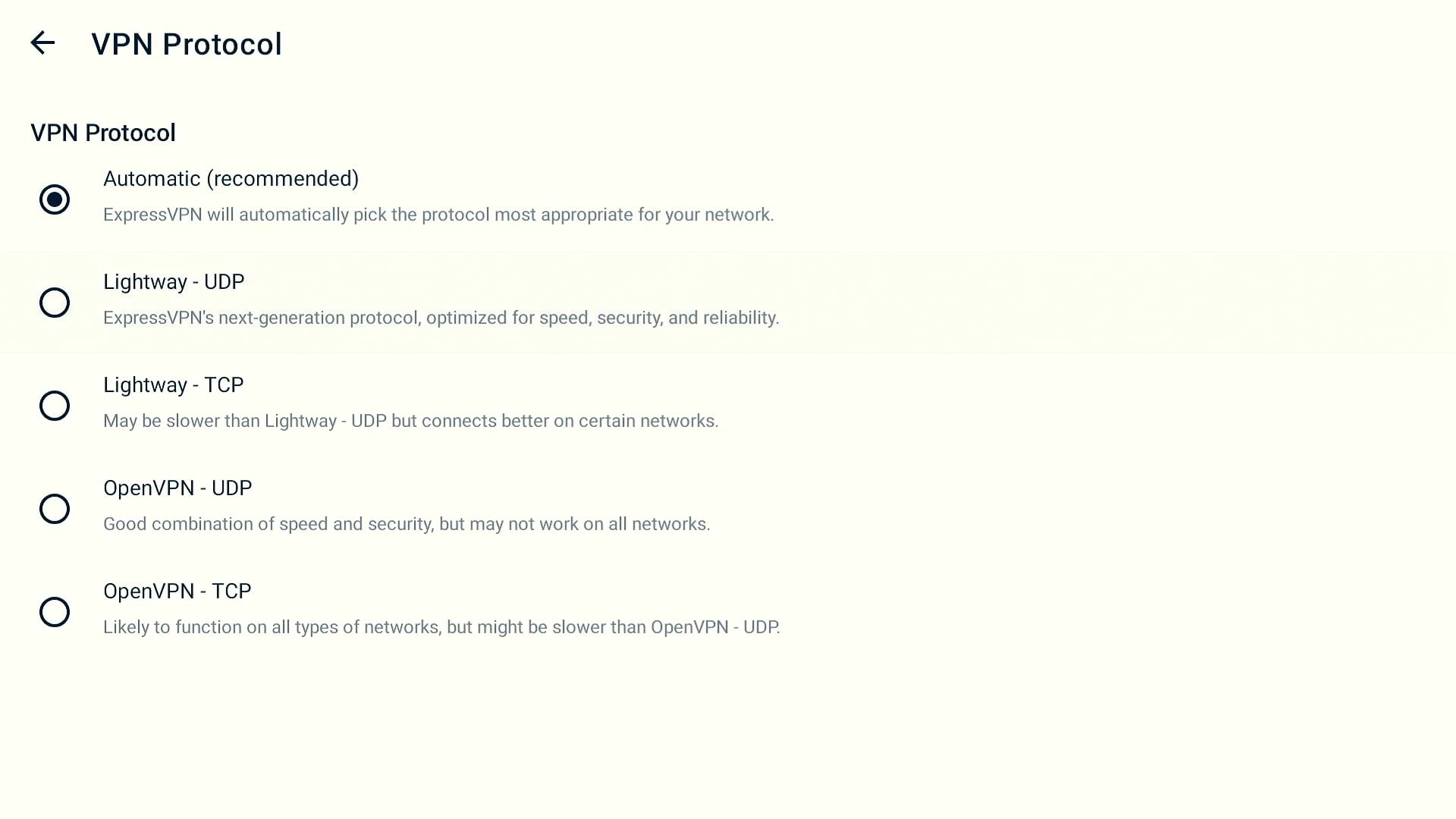 ExpressVPN's choice of protocols on Fire TV