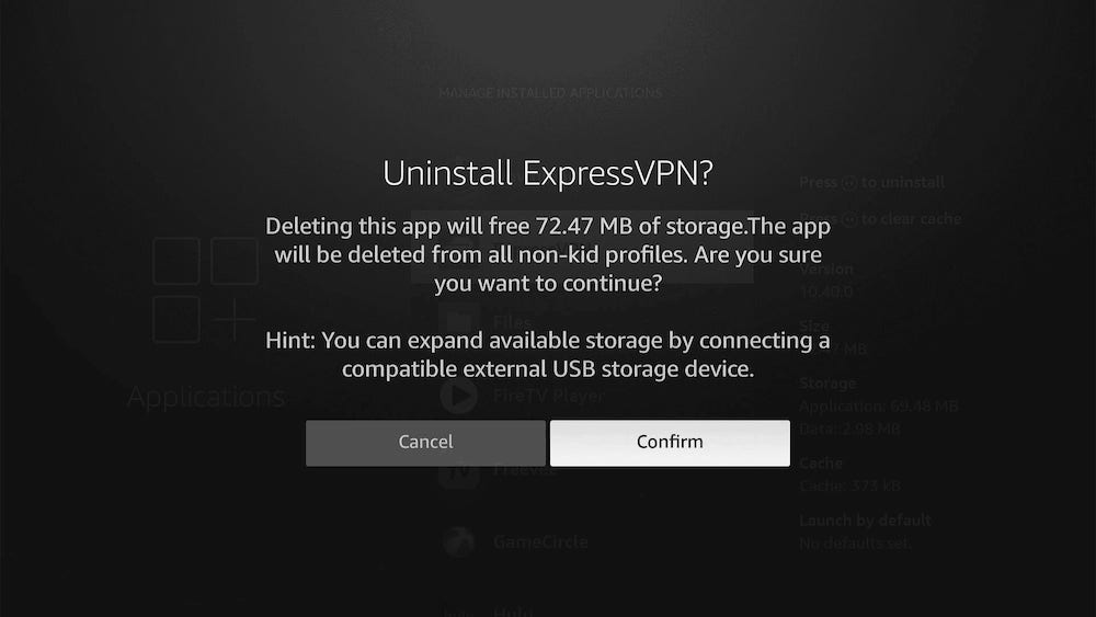 The uninstall prompt screen for ExpressVPN on Amazon Fire TV