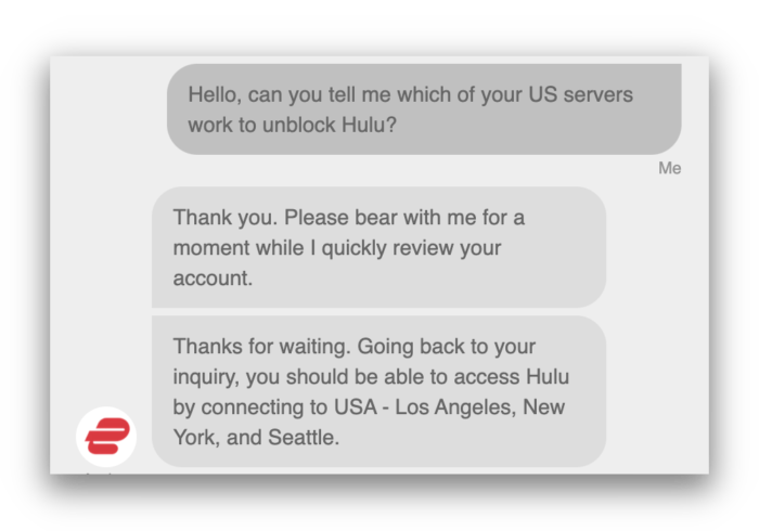 Support par chat en direct d'ExpressVPN pour Hulu