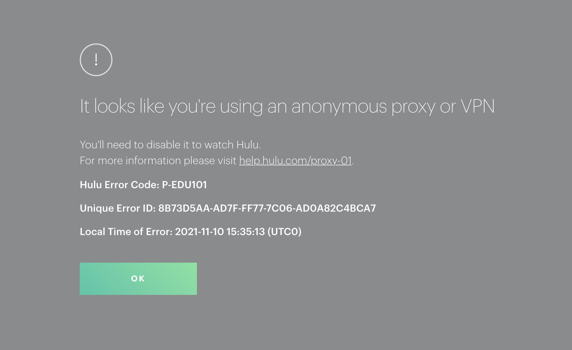 Notificação de código de erro de detecção de proxy do Hulu